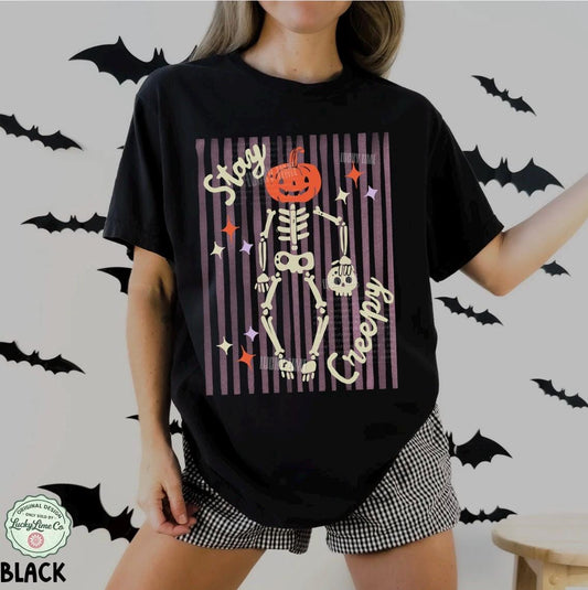 Stay Creepy Shirt, Womens Halloween Shirt, Skeleton Halloween Tee, Funny Halloween Outfit, Skull Tshirt, Spooky Season Shirt, Striped Design