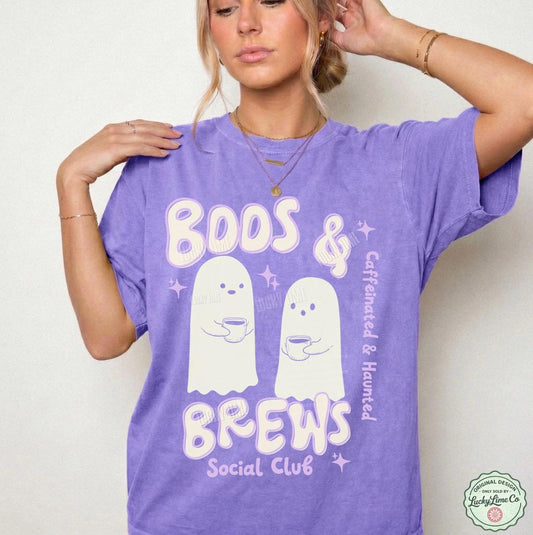 Retro Halloween Coffee Shirt, Cute Ghost Tshirt, Boos and Brews Tee, Caffeinated and Haunted Graphic Tee, Womens Halloween Apparel, Trending