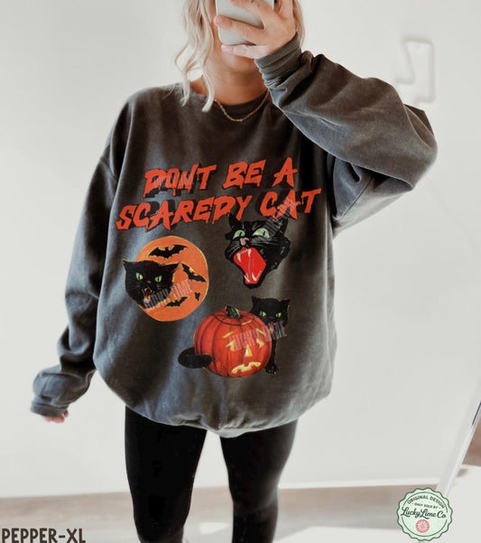 Black Cat Pumpkin Sweatshirt, Don’t Be a Scaredy Cat Shirt, Retro Vintage Halloween Sweatshirt, Spooky Season Top, Cat Lover