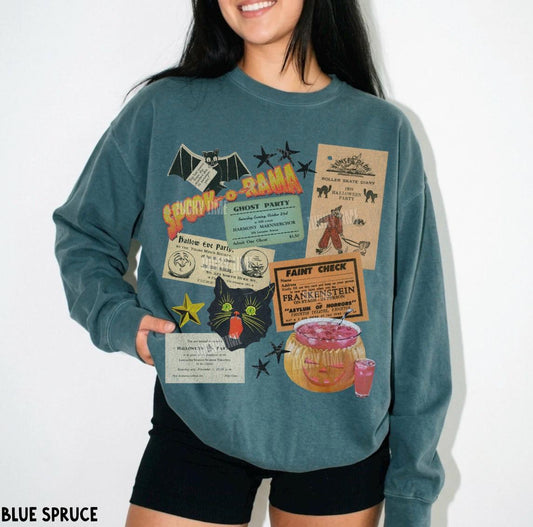 Retro Halloween Sweatshirt, Vintage Halloween Party Ephemera Sweatshirt, Spooky Season, Halloween Cat Shirt, Bat Halloween