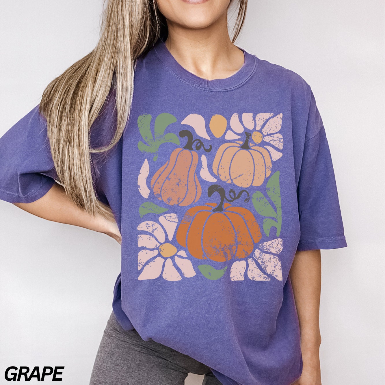 Retro Pumpkin Shirt, Floral Fall Shirt, Boho Pumpkin Shirt, Abstract Flowers, Tee, Halloween Shirt, Pumpkin Season Shirt