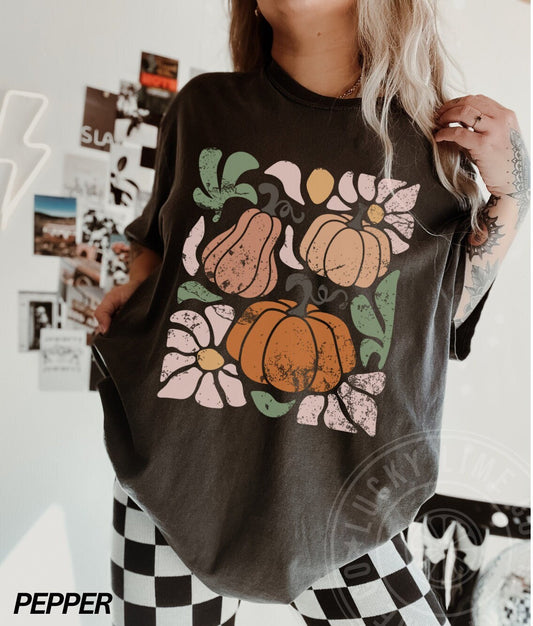 Retro Pumpkin Shirt, Floral Fall Shirt, Boho Pumpkin Shirt, Abstract Flowers, Tee, Halloween Shirt, Pumpkin Season Shirt