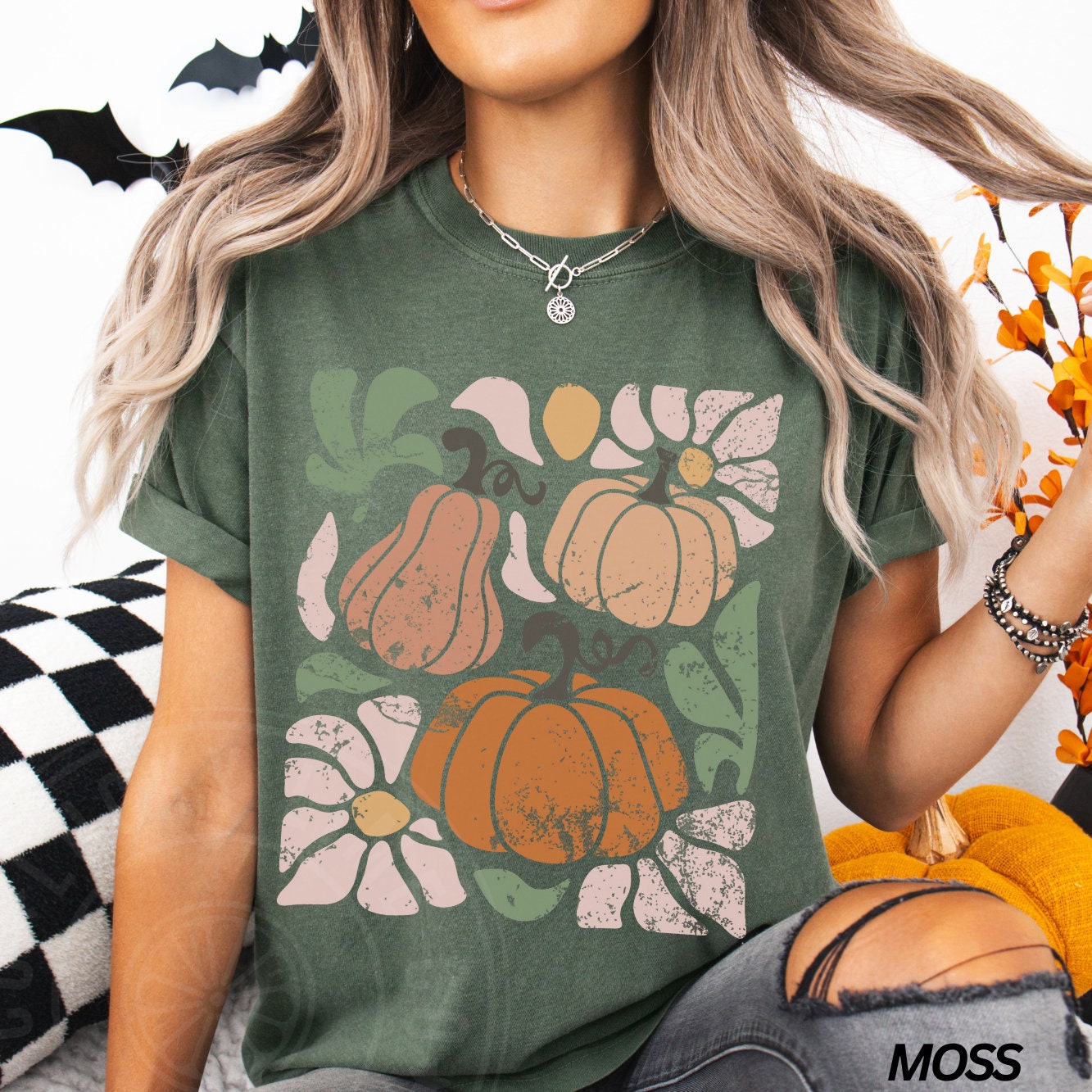 Retro Pumpkin Shirt, Floral Fall Shirt, Boho Pumpkin Shirt, Abstract Flowers, Tee, Halloween Shirt, Pumpkin Season Shirt