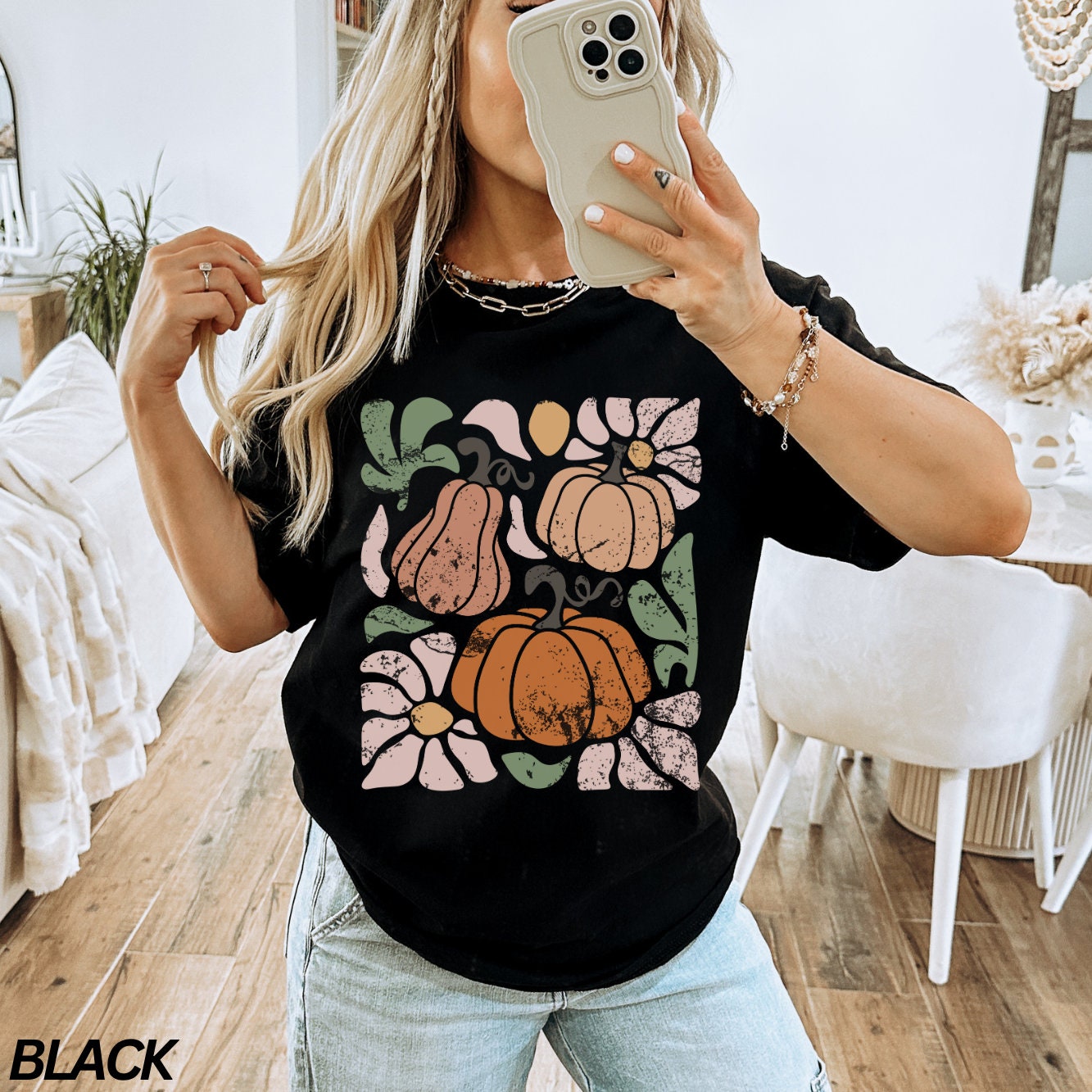 Retro Pumpkin Shirt, Floral Fall Shirt, Boho Pumpkin Shirt, Abstract Flowers, Tee, Halloween Shirt, Pumpkin Season Shirt
