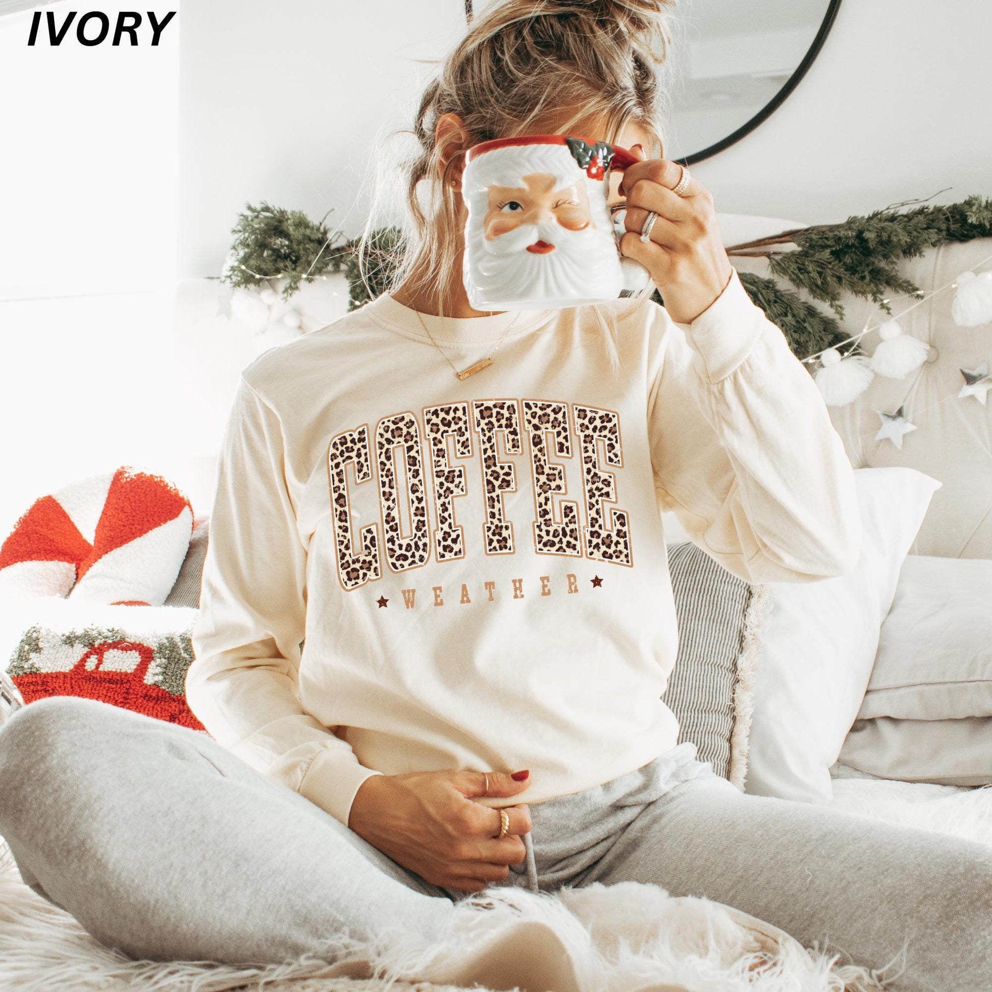 Coffee Weather Long Sleeve Shirt, Leopard Print Shirt, Coffee Lover Gift, Fall Shirt Women, Autumn Girly, Coffee Lover Top