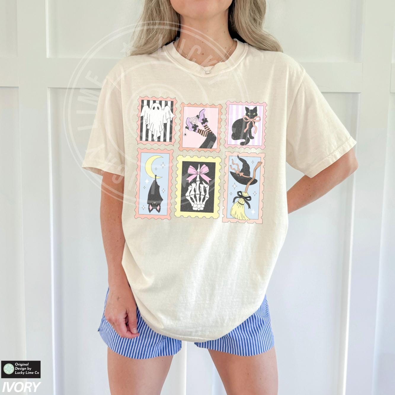 Retro Halloween Cat Ghost Shirt, Halloween Stamp Shirt, Skeleton Halloween, Cute Ghost Tee, Preppy Halloween, Women's Retro Halloween Shirt
