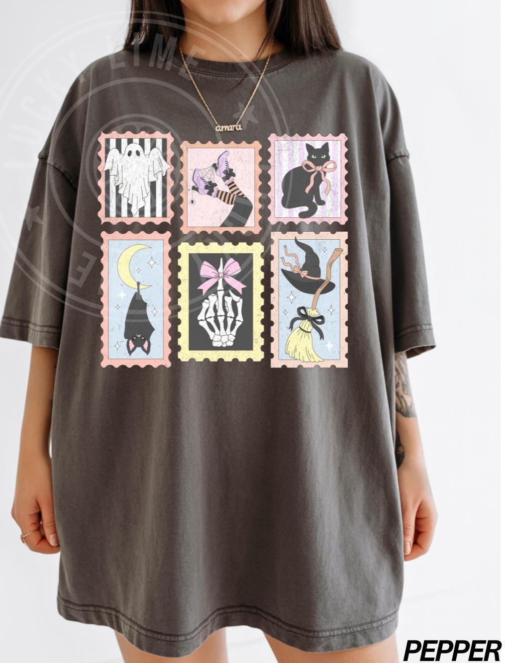 Retro Halloween Cat Ghost Shirt, Halloween Stamp Shirt, Skeleton Halloween, Cute Ghost Tee, Preppy Halloween, Women's Retro Halloween Shirt