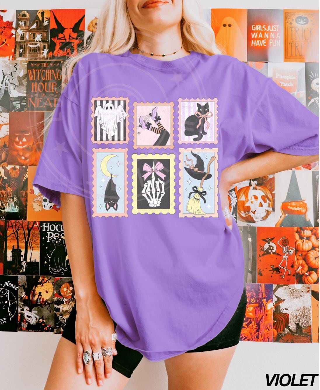 Retro Halloween Cat Ghost Shirt, Halloween Stamp Shirt, Skeleton Halloween, Cute Ghost Tee, Preppy Halloween, Women's Retro Halloween Shirt