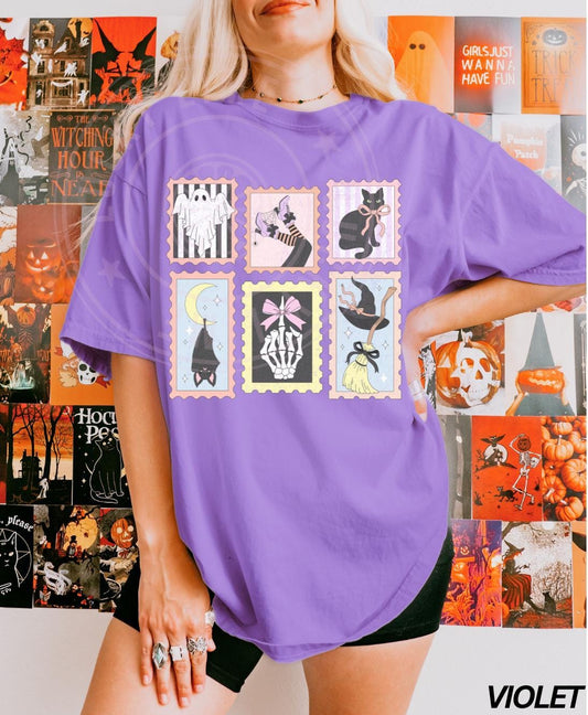 Retro Halloween Cat Ghost Shirt, Halloween Stamp Shirt, Skeleton Halloween, Cute Ghost Tee, Preppy Halloween, Women's Retro Halloween Shirt