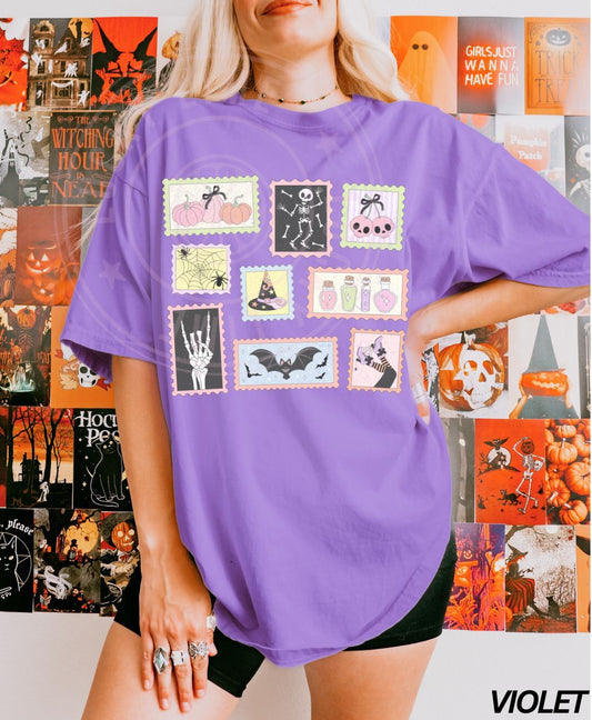 Halloween Stamp Shirt, Skeleton Halloween Shirt, Cute Ghost Pumpkin Cat Shirt, Cute Ghost, Preppy Halloween, Women's Retro Halloween Shirt