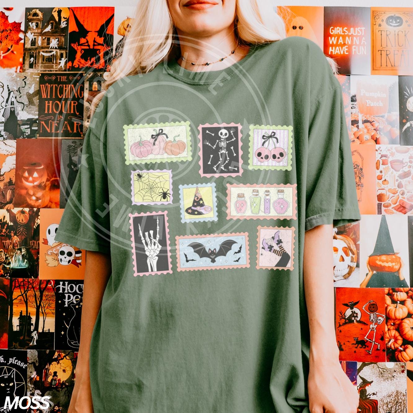 Halloween Stamp Shirt, Skeleton Halloween Shirt, Cute Ghost Pumpkin Cat Shirt, Cute Ghost, Preppy Halloween, Women's Retro Halloween Shirt