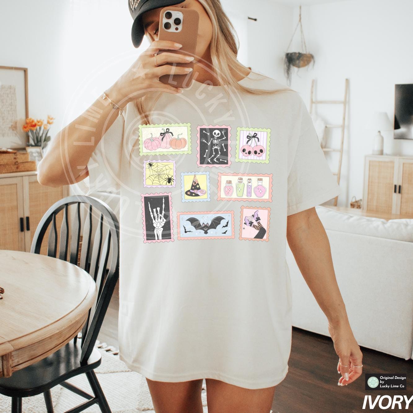 Halloween Stamp Shirt, Skeleton Halloween Shirt, Cute Ghost Pumpkin Cat Shirt, Cute Ghost, Preppy Halloween, Women's Retro Halloween Shirt