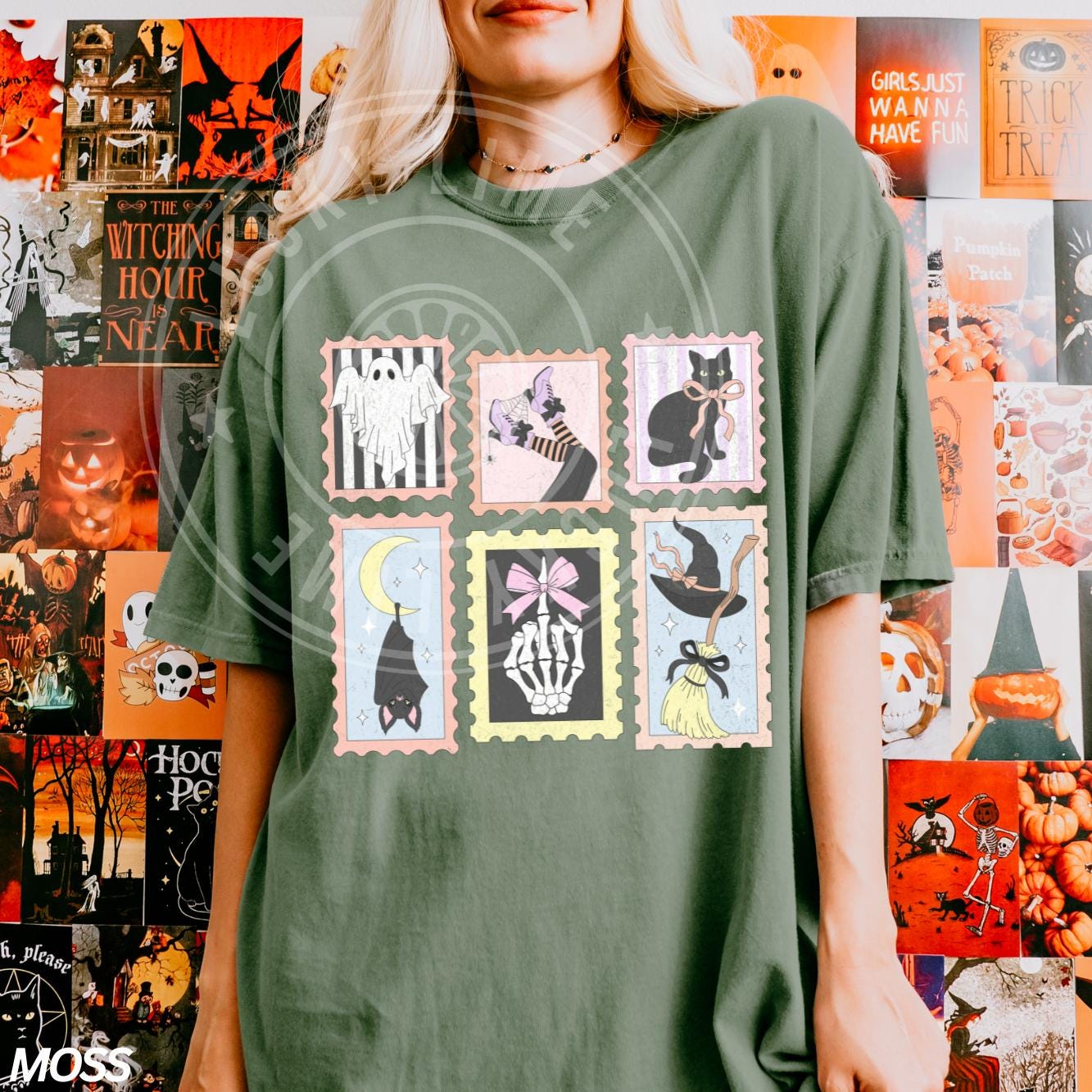 Retro Halloween Cat Ghost Shirt, Halloween Stamp Shirt, Skeleton Halloween, Cute Ghost Tee, Preppy Halloween, Women's Retro Halloween Shirt