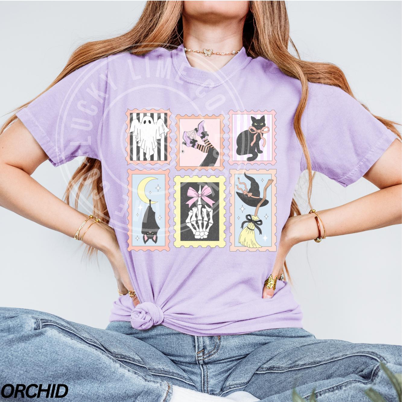 Retro Halloween Cat Ghost Shirt, Halloween Stamp Shirt, Skeleton Halloween, Cute Ghost Tee, Preppy Halloween, Women's Retro Halloween Shirt
