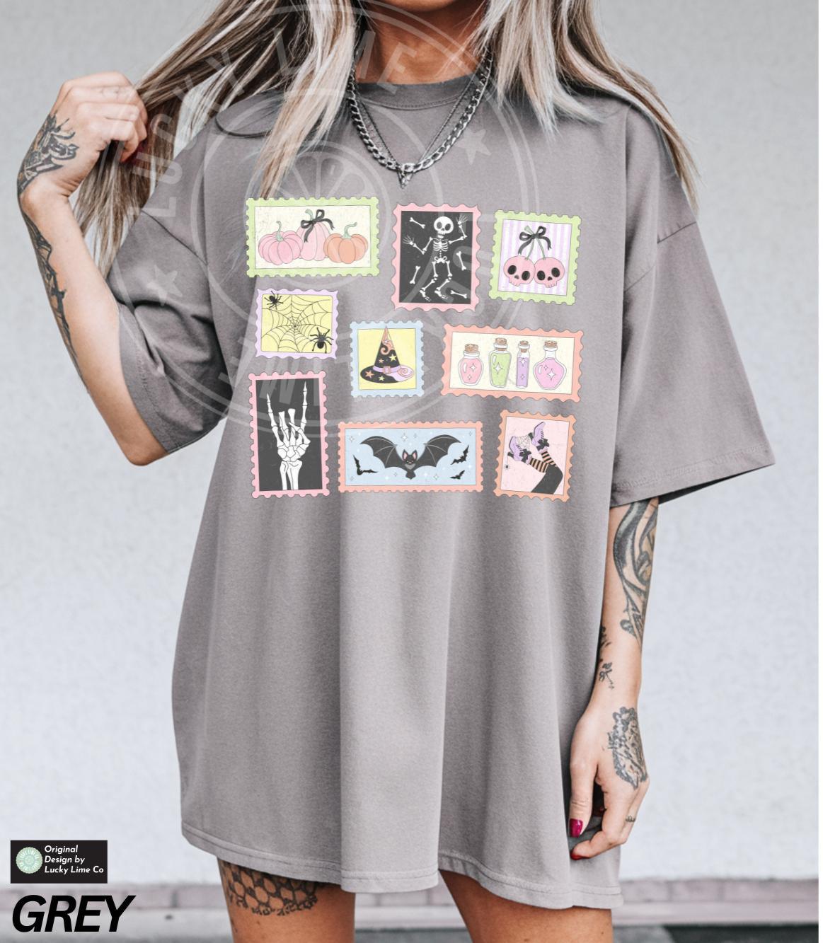 Halloween Stamp Shirt, Skeleton Halloween Shirt, Cute Ghost Pumpkin Cat Shirt, Cute Ghost, Preppy Halloween, Women's Retro Halloween Shirt