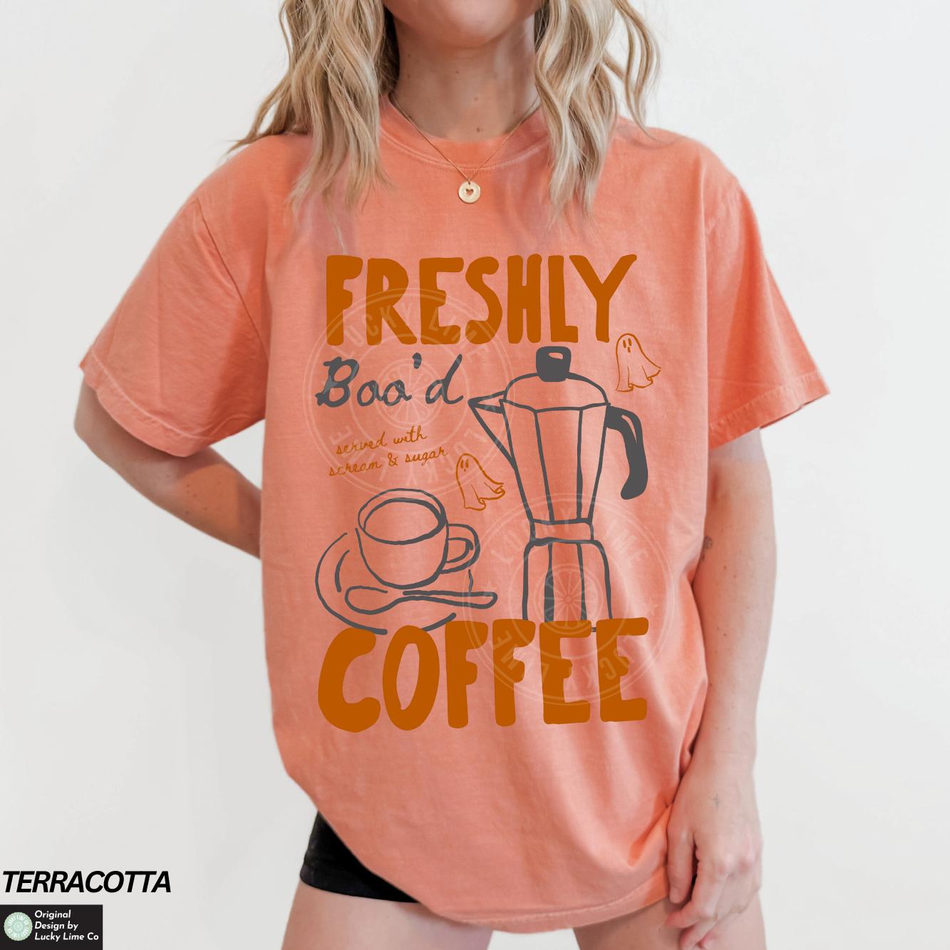 Freshly Boo’d Coffee Shirt, Halloween Coffee Shirt, Ghost Coffee Shirt, Cute Ghost Tee, Skeleton Halloween, Coffee Lover Gift, Halloween Tee