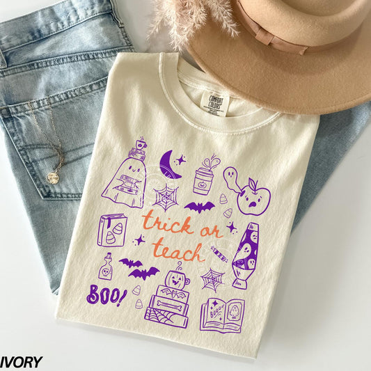 Teacher Halloween Shirt, Trick or Teach Shirt, Cute Halloween Teacher Shirt, Spooky Teacher Tshirt, Retro Ghost Teacher Tee