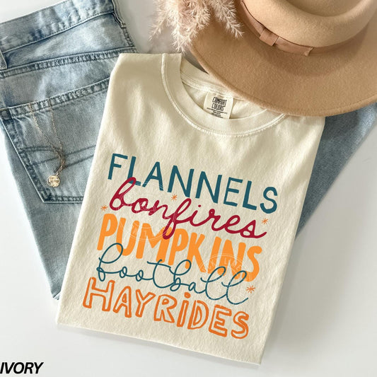 Flannels Hayrides Pumpkins Sweaters Bonfires Shirt, Womens Fall T-Shirt, Autumn Shirt, Pumpkin Season, Cozy Season Shirt