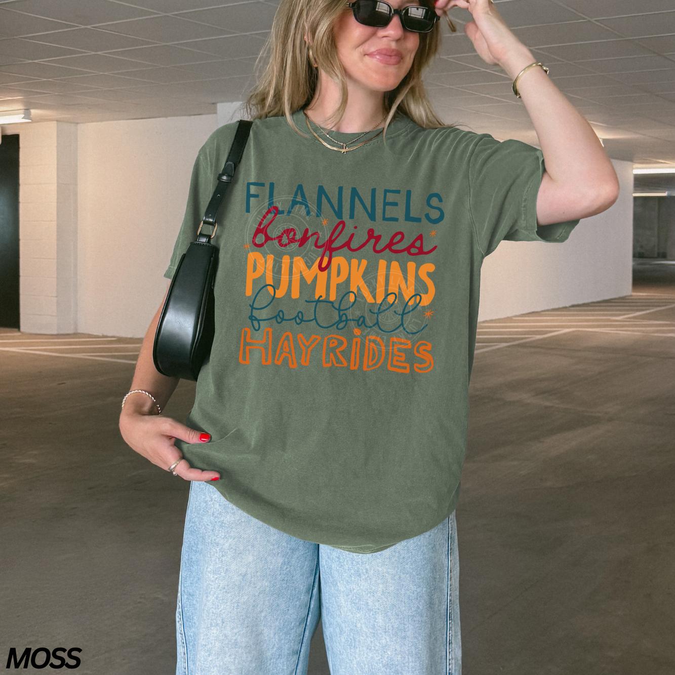 Flannels Hayrides Pumpkins Sweaters Bonfires Shirt, Womens Fall T-Shirt, Autumn Shirt, Pumpkin Season, Cozy Season Shirt