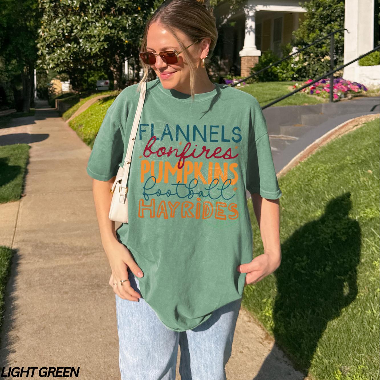 Flannels Hayrides Pumpkins Sweaters Bonfires Shirt, Womens Fall T-Shirt, Autumn Shirt, Pumpkin Season, Cozy Season Shirt