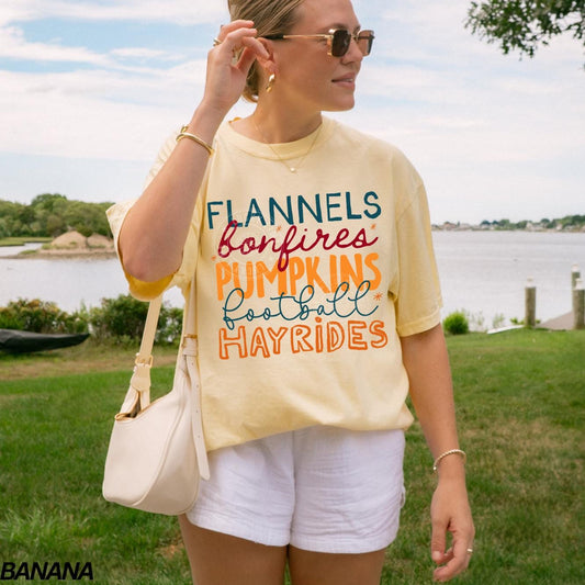 Flannels Hayrides Pumpkins Sweaters Bonfires Shirt, Womens Fall T-Shirt, Autumn Shirt, Pumpkin Season, Cozy Season Shirt