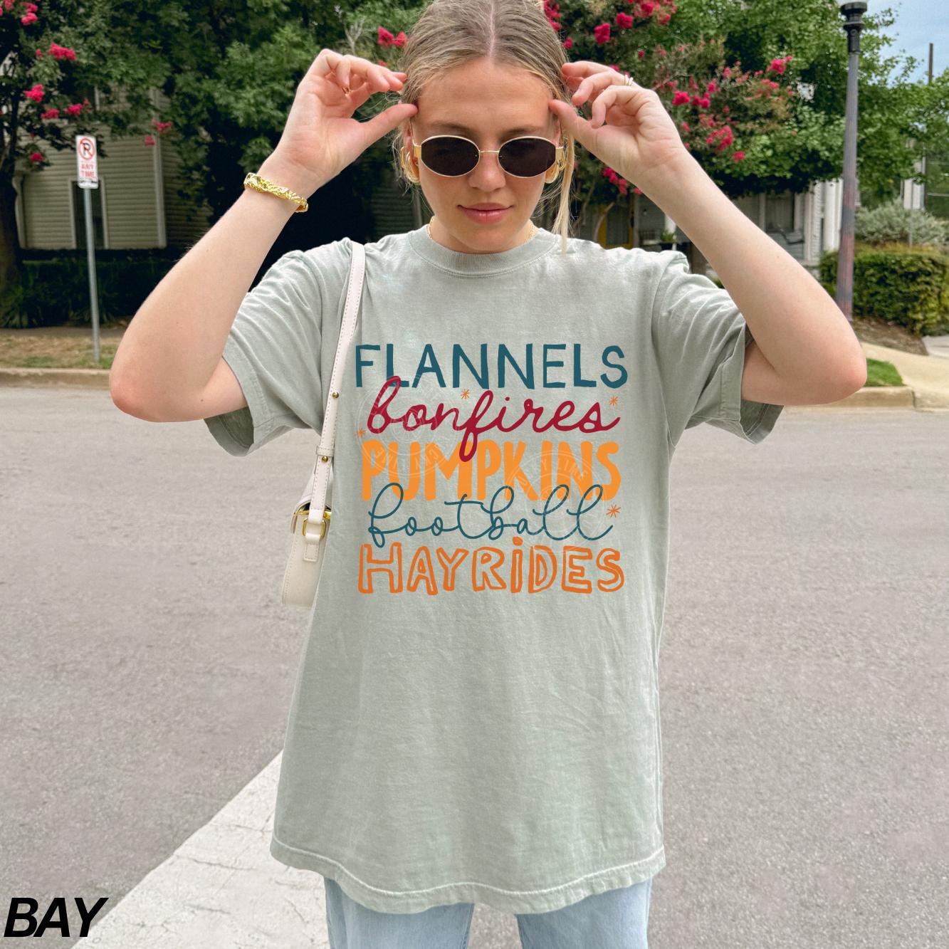 Flannels Hayrides Pumpkins Sweaters Bonfires Shirt, Womens Fall T-Shirt, Autumn Shirt, Pumpkin Season, Cozy Season Shirt