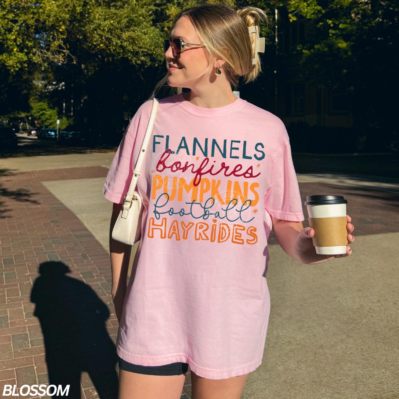 Flannels Hayrides Pumpkins Sweaters Bonfires Shirt, Womens Fall T-Shirt, Autumn Shirt, Pumpkin Season, Cozy Season Shirt