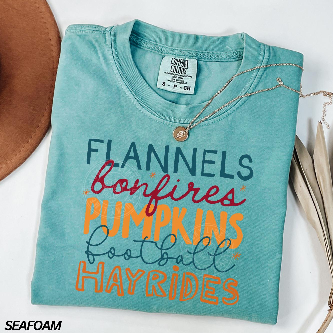 Flannels Hayrides Pumpkins Sweaters Bonfires Shirt, Womens Fall T-Shirt, Autumn Shirt, Pumpkin Season, Cozy Season Shirt