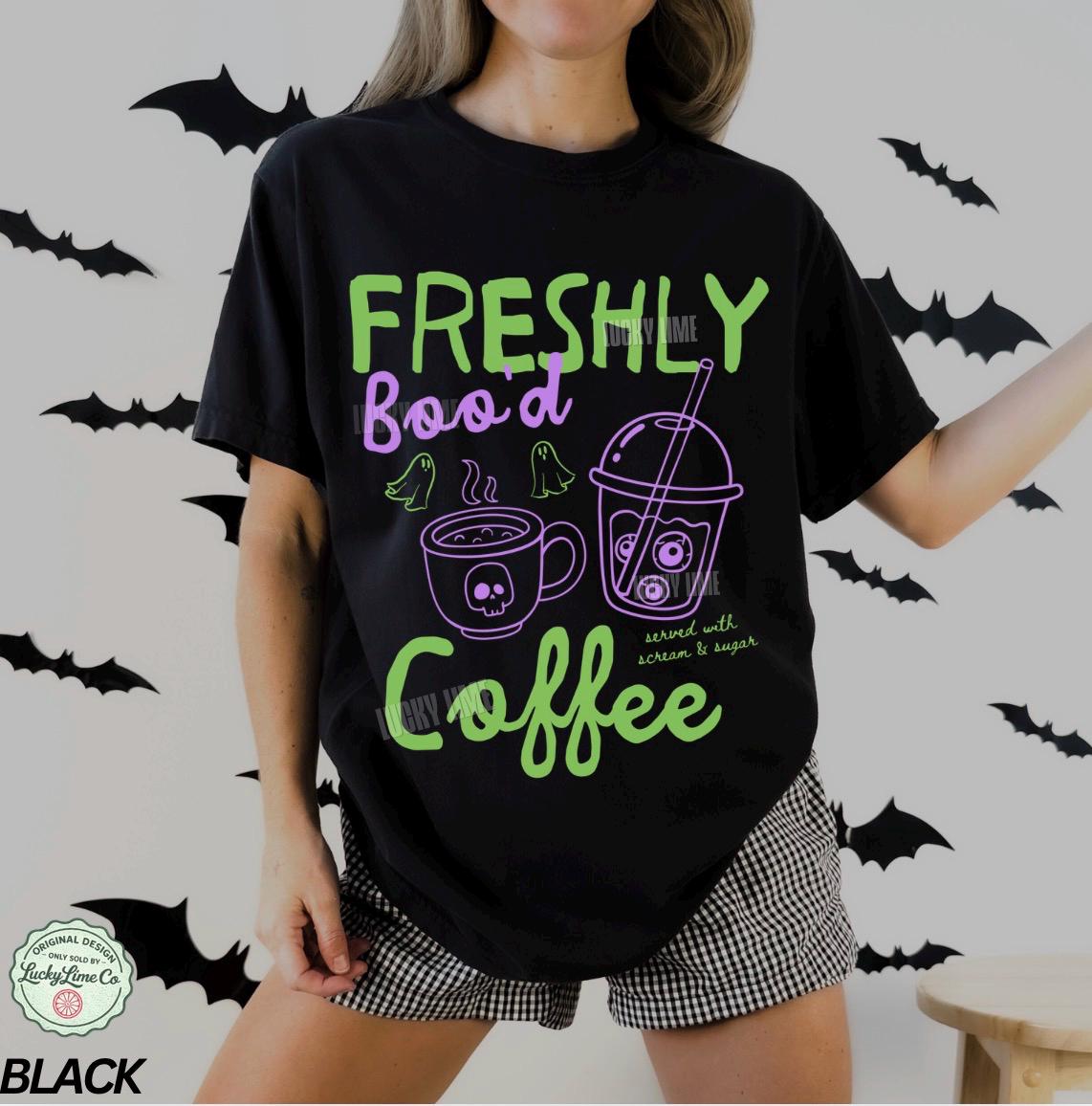 Halloween Coffee Shirt, Freshly Boo’d Coffee Tee, Spooky Season Shirt, Cute Ghost Shirt, Skeleton Halloween Coffee Lover Gift, Pumpkin Spice