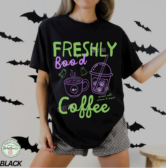 Halloween Coffee Shirt, Freshly Boo’d Coffee Tee, Spooky Season Shirt, Cute Ghost Shirt, Skeleton Halloween Coffee Lover Gift, Pumpkin Spice