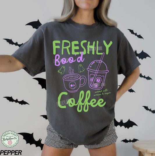 Halloween Coffee Shirt, Freshly Boo’d Coffee Tee, Spooky Season Shirt, Cute Ghost Shirt, Skeleton Halloween Coffee Lover Gift, Pumpkin Spice