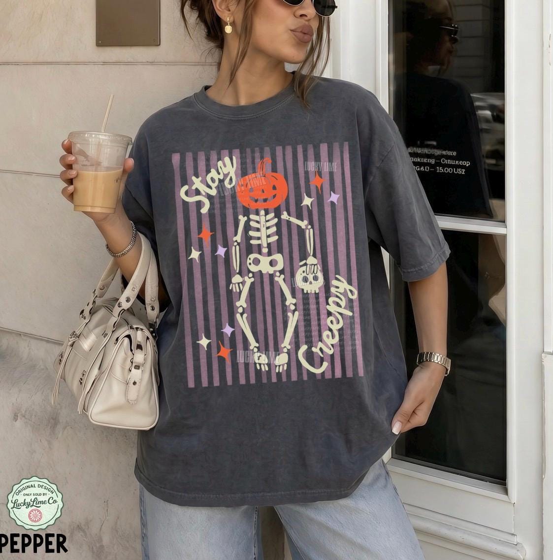Stay Creepy Shirt, Womens Halloween Shirt, Skeleton Halloween Tee, Funny Halloween Outfit, Skull Tshirt, Spooky Season Shirt, Striped Design