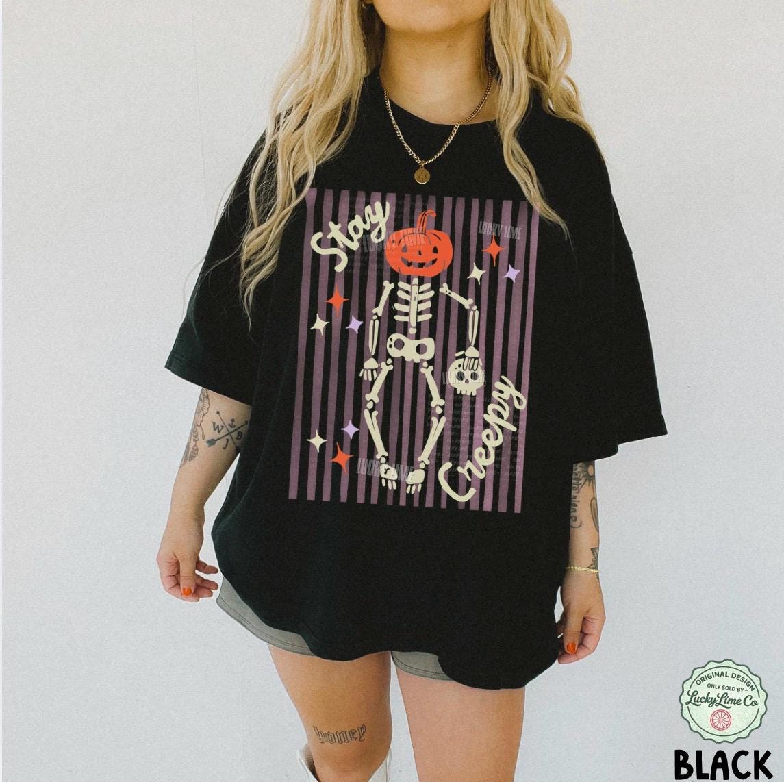Stay Creepy Shirt, Womens Halloween Shirt, Skeleton Halloween Tee, Funny Halloween Outfit, Skull Tshirt, Spooky Season Shirt, Striped Design