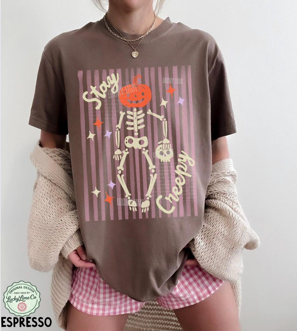 Stay Creepy Shirt, Womens Halloween Shirt, Skeleton Halloween Tee, Funny Halloween Outfit, Skull Tshirt, Spooky Season Shirt, Striped Design