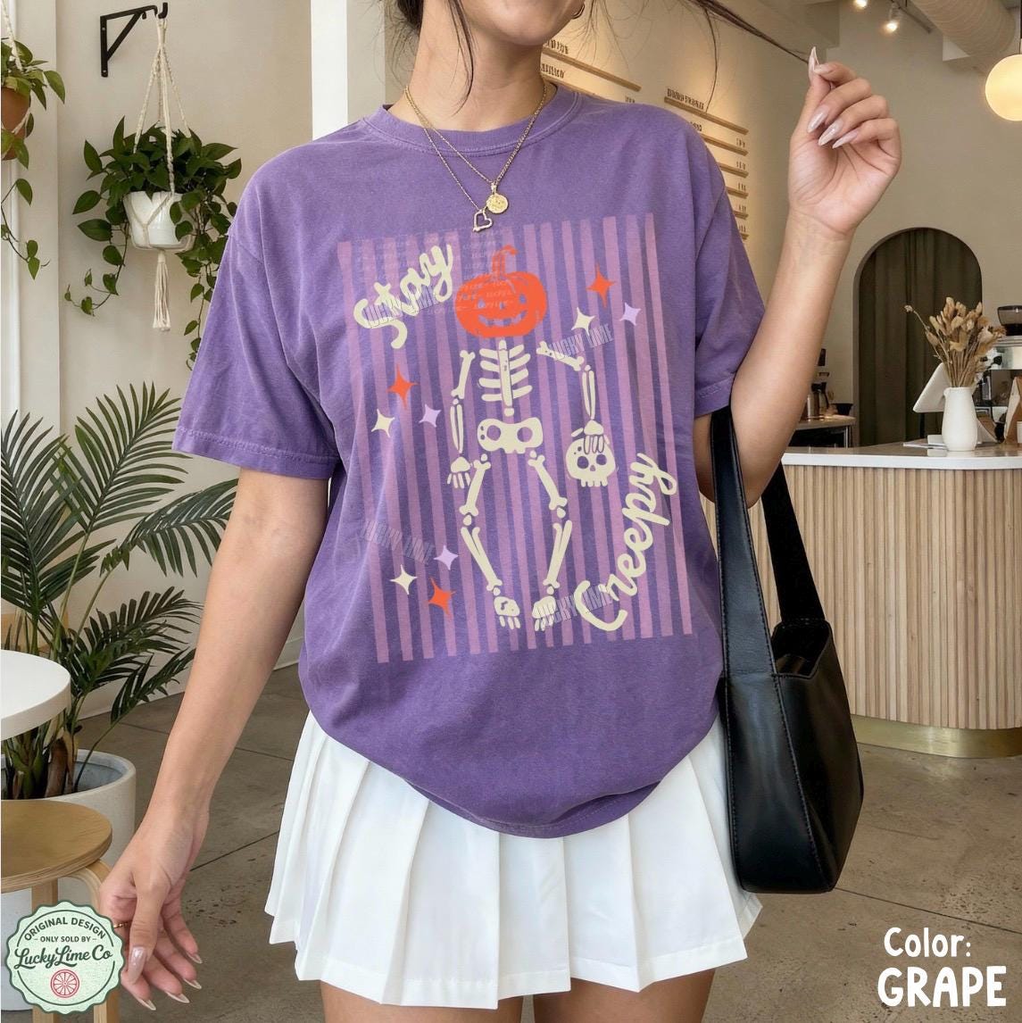 Stay Creepy Shirt, Womens Halloween Shirt, Skeleton Halloween Tee, Funny Halloween Outfit, Skull Tshirt, Spooky Season Shirt, Striped Design