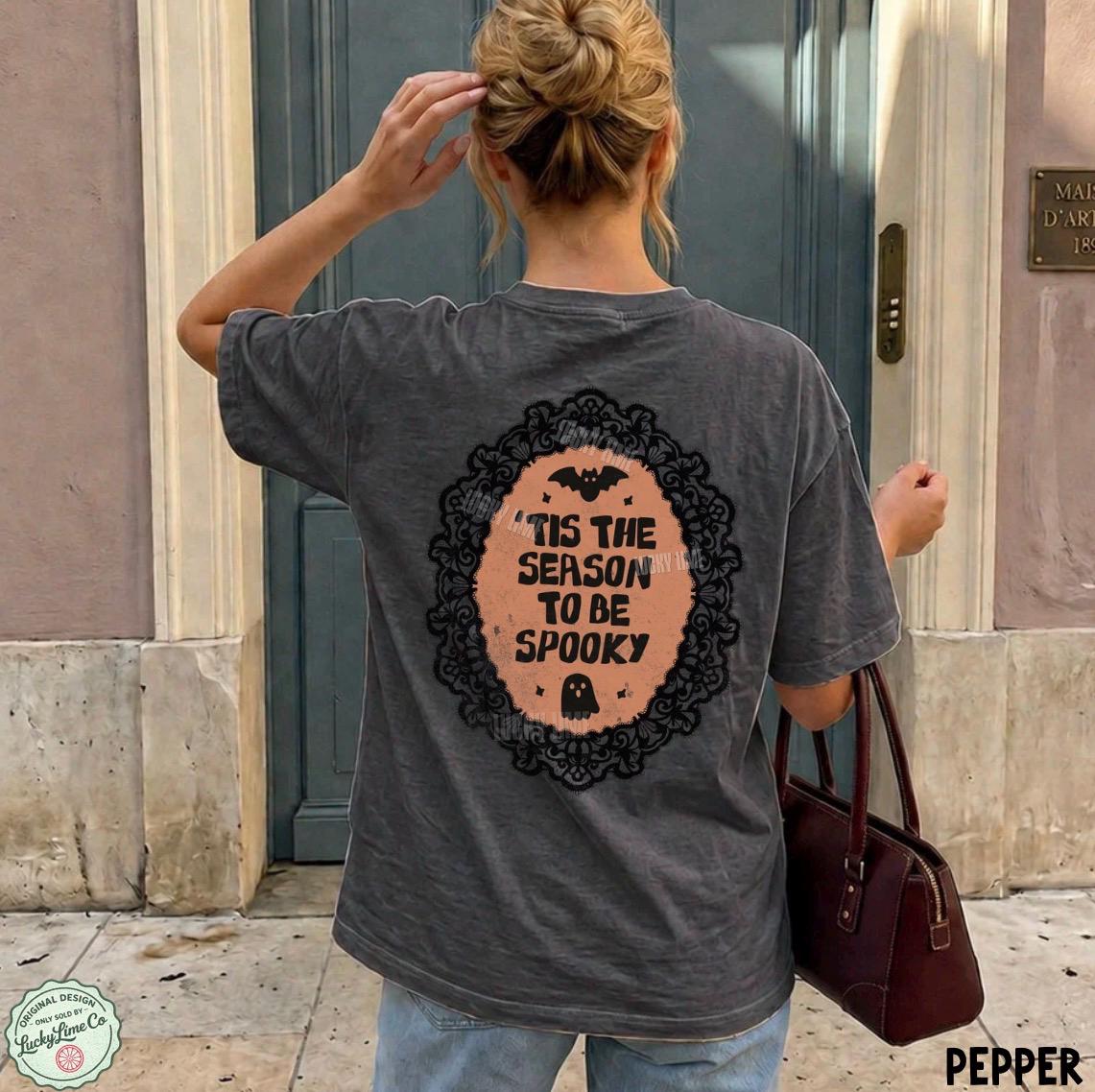Tis the Season to be Spooky Shirt, Cute Ghost Shirt, Bat Halloween Tee, Back Design Halloween Graphic Tee, Womens Halloween Shirt, Fall Top