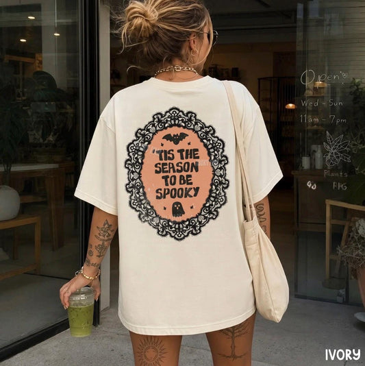 Tis the Season to be Spooky Shirt, Cute Ghost Shirt, Bat Halloween Tee, Back Design Halloween Graphic Tee, Womens Halloween Shirt, Fall Top