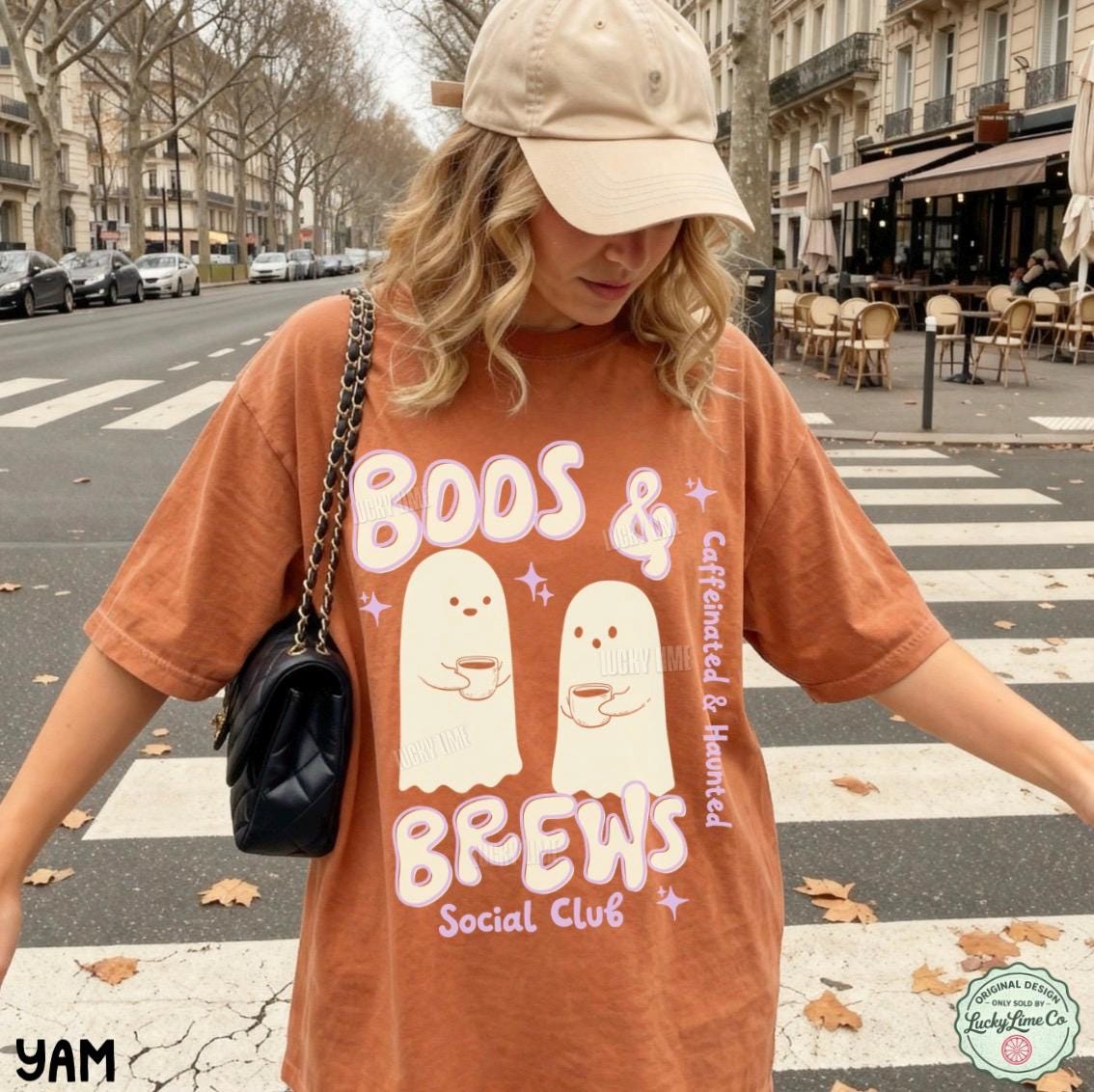 Retro Halloween Coffee Shirt, Cute Ghost Tshirt, Boos and Brews Tee, Caffeinated and Haunted Graphic Tee, Womens Halloween Apparel, Trending