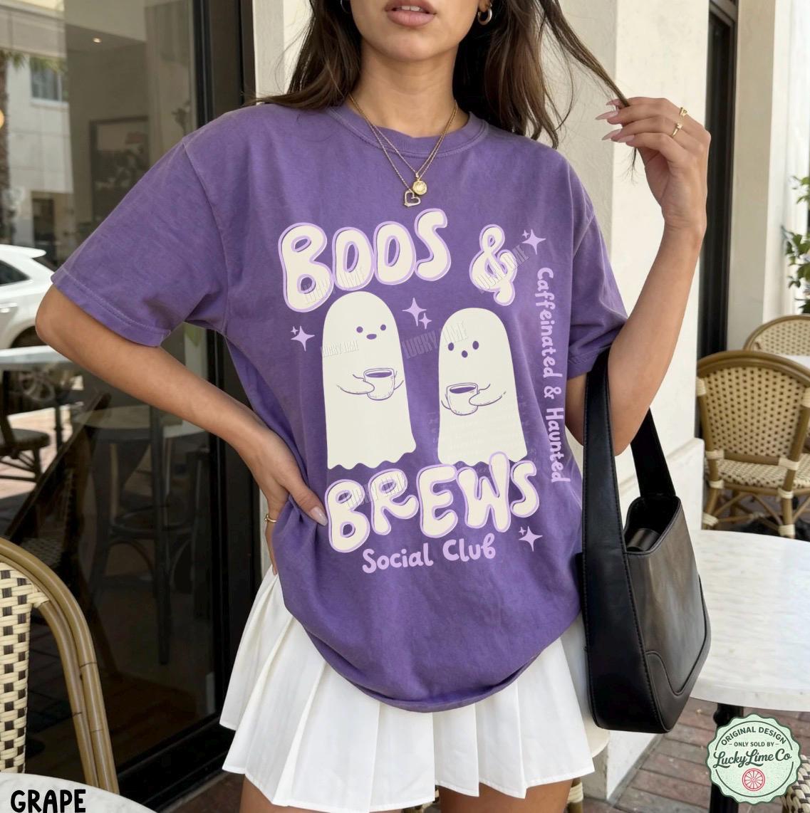 Retro Halloween Coffee Shirt, Cute Ghost Tshirt, Boos and Brews Tee, Caffeinated and Haunted Graphic Tee, Womens Halloween Apparel, Trending