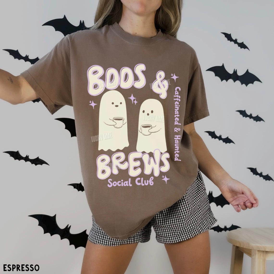 Retro Halloween Coffee Shirt, Cute Ghost Tshirt, Boos and Brews Tee, Caffeinated and Haunted Graphic Tee, Womens Halloween Apparel, Trending