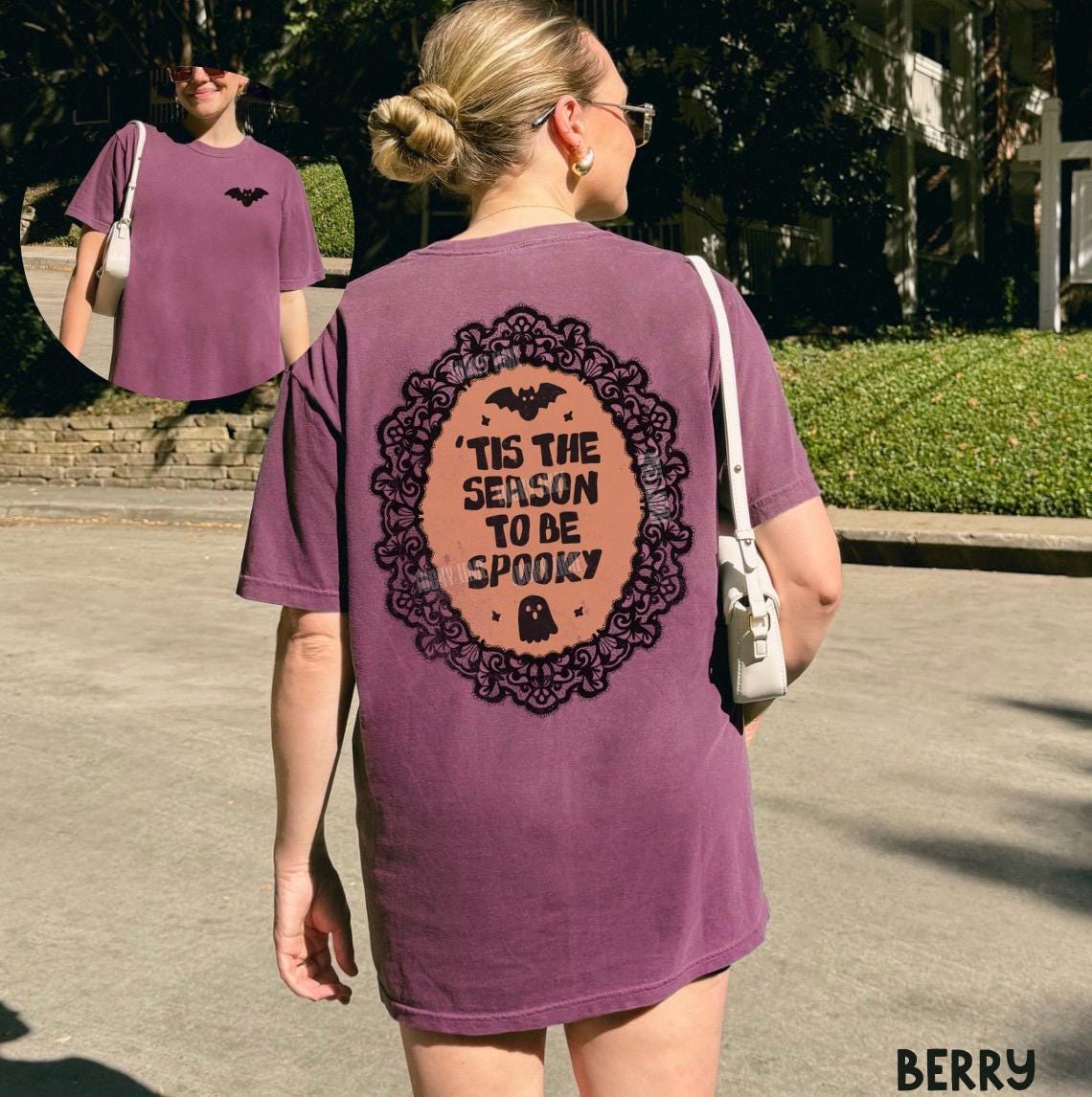 Tis the Season to be Spooky Shirt, Cute Ghost Shirt, Bat Halloween Tee, Back Design Halloween Graphic Tee, Womens Halloween Shirt, Fall Top