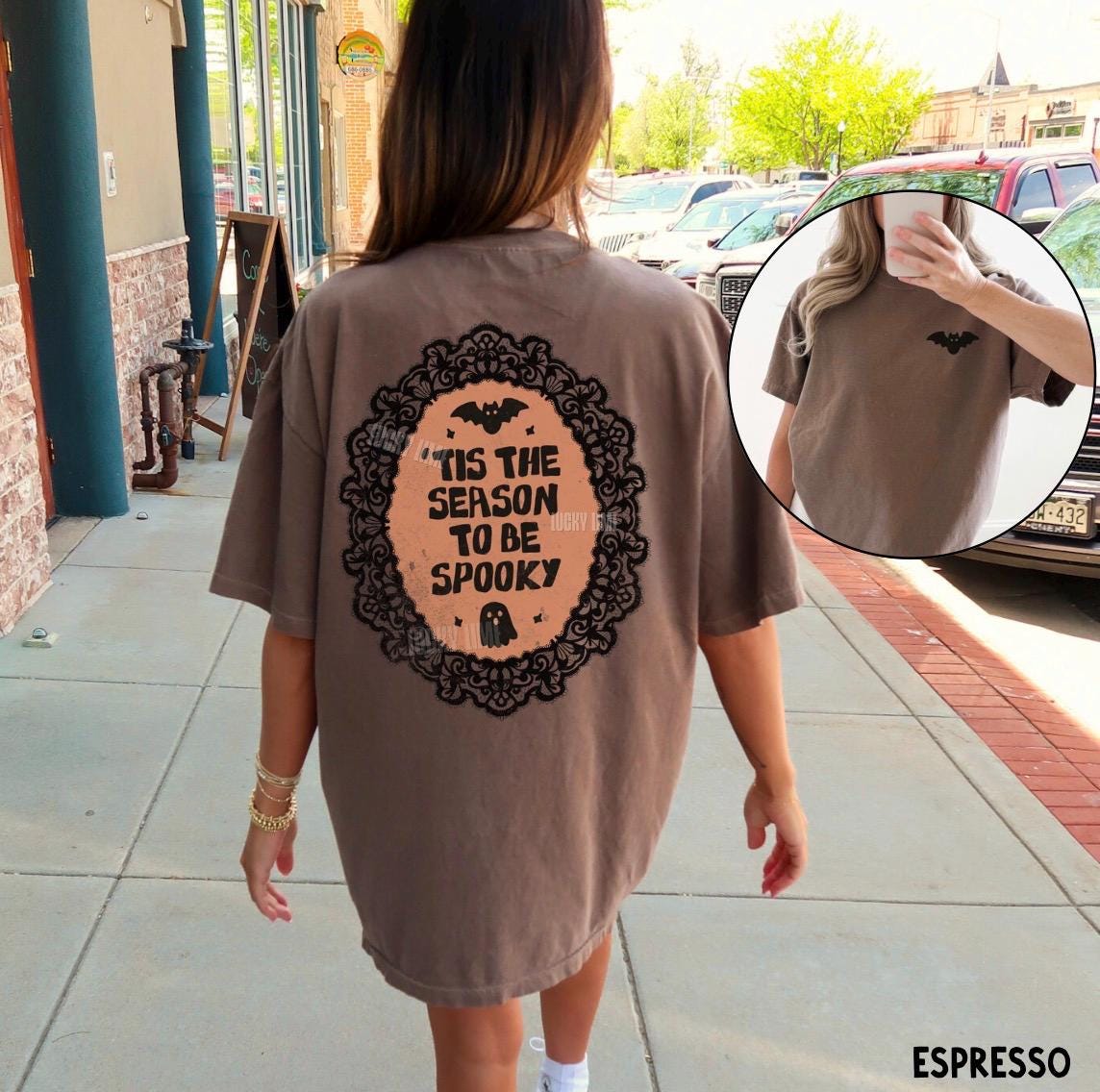 Tis the Season to be Spooky Shirt, Cute Ghost Shirt, Bat Halloween Tee, Back Design Halloween Graphic Tee, Womens Halloween Shirt, Fall Top