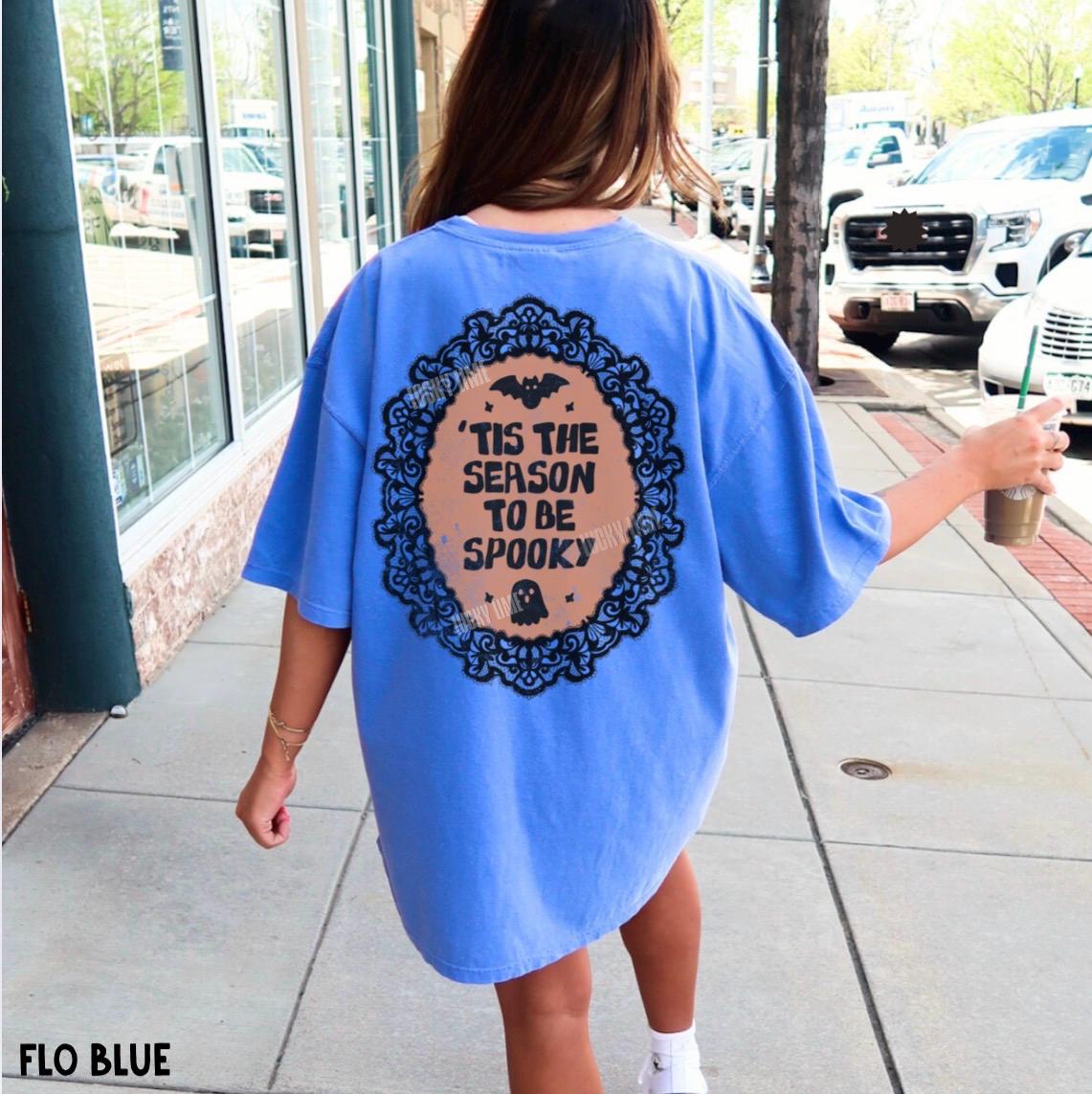 Tis the Season to be Spooky Shirt, Cute Ghost Shirt, Bat Halloween Tee, Back Design Halloween Graphic Tee, Womens Halloween Shirt, Fall Top