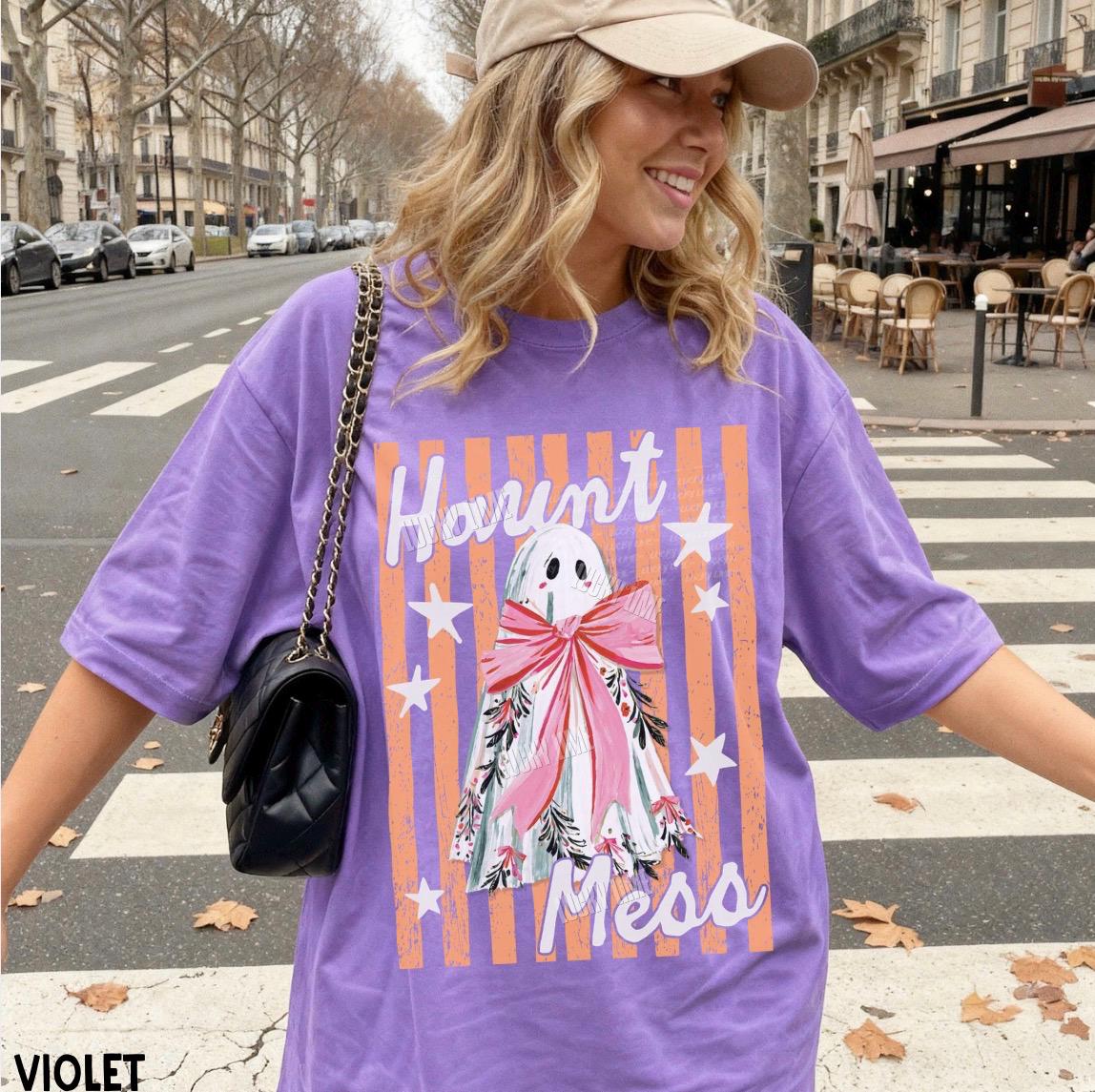 Haunt Mess Ghost Shirt, Funny Halloween Tshirt, Spooky Season Shirt, Trendy Halloween Vibes Tee, Preppy Striped Halloween Shirt, Fall Shirt