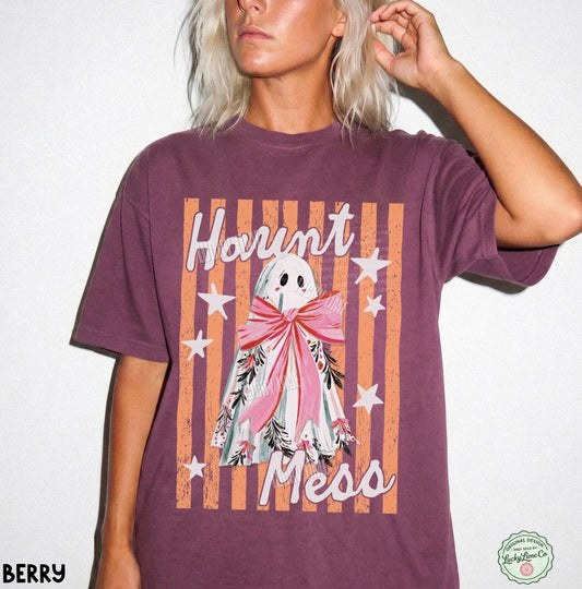 Haunt Mess Ghost Shirt, Funny Halloween Tshirt, Spooky Season Shirt, Trendy Halloween Vibes Tee, Preppy Striped Halloween Shirt, Fall Shirt