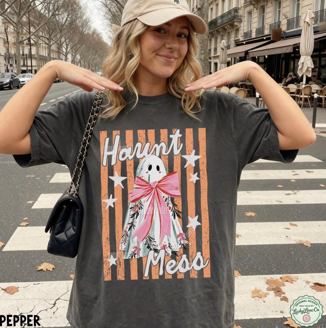 Haunt Mess Ghost Shirt, Funny Halloween Tshirt, Spooky Season Shirt, Trendy Halloween Vibes Tee, Preppy Striped Halloween Shirt, Fall Shirt