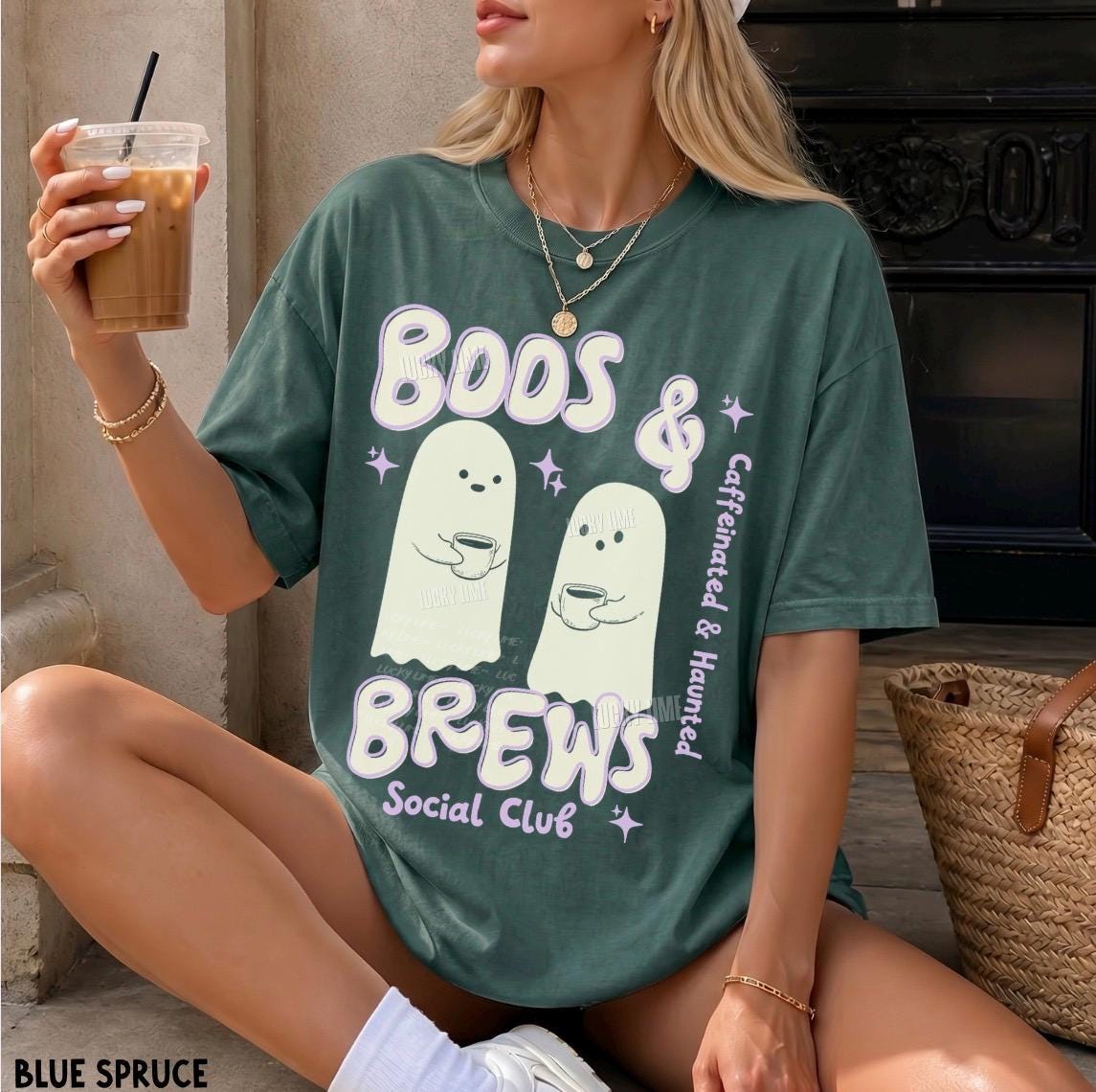 Retro Halloween Coffee Shirt, Cute Ghost Tshirt, Boos and Brews Tee, Caffeinated and Haunted Graphic Tee, Womens Halloween Apparel, Trending
