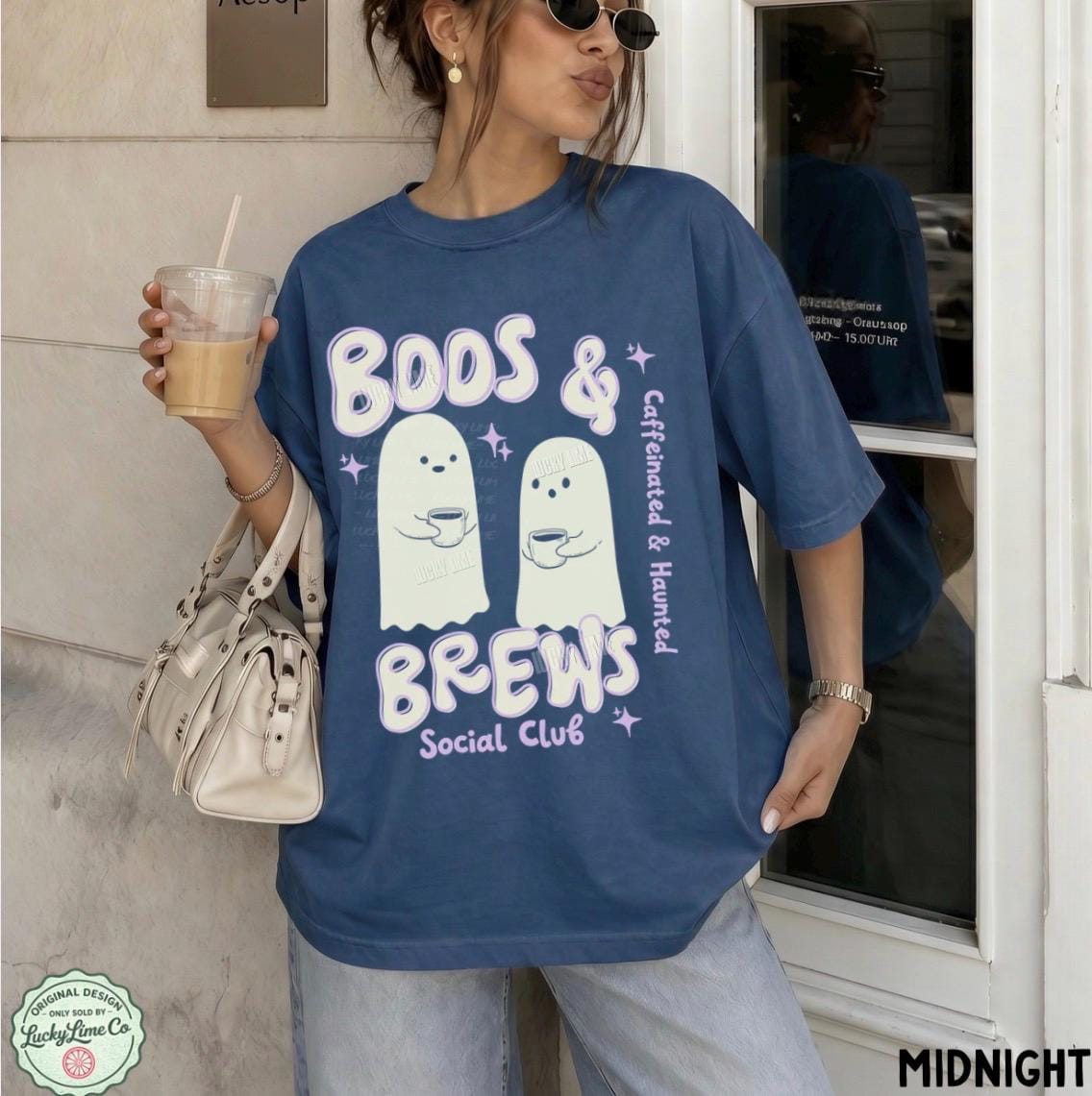 Retro Halloween Coffee Shirt, Cute Ghost Tshirt, Boos and Brews Tee, Caffeinated and Haunted Graphic Tee, Womens Halloween Apparel, Trending