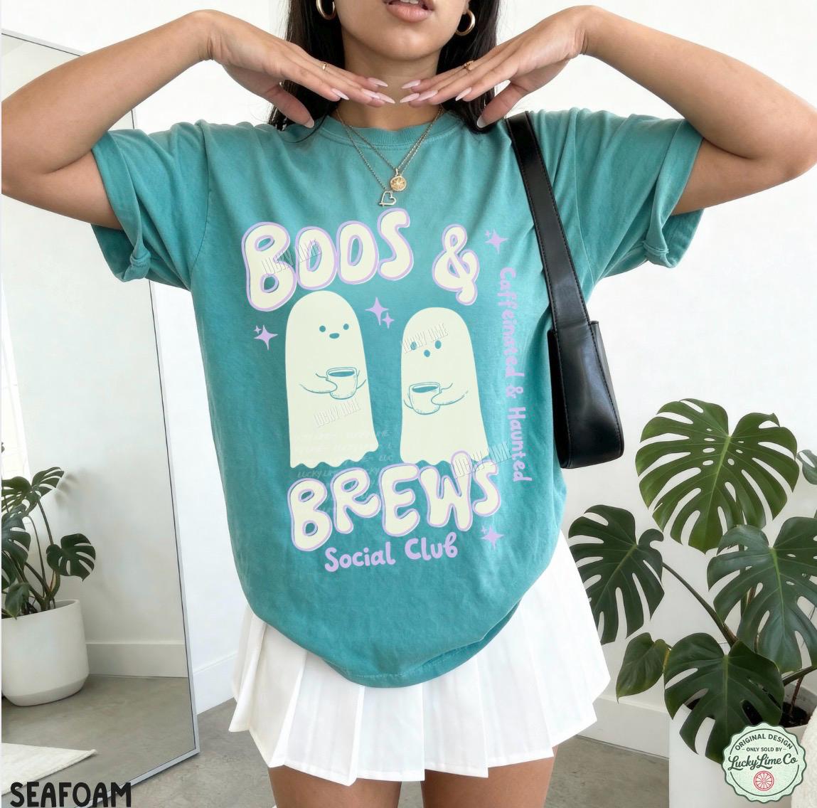 Retro Halloween Coffee Shirt, Cute Ghost Tshirt, Boos and Brews Tee, Caffeinated and Haunted Graphic Tee, Womens Halloween Apparel, Trending