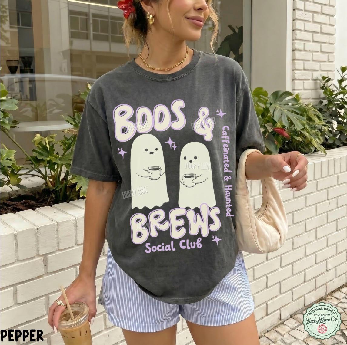 Retro Halloween Coffee Shirt, Cute Ghost Tshirt, Boos and Brews Tee, Caffeinated and Haunted Graphic Tee, Womens Halloween Apparel, Trending